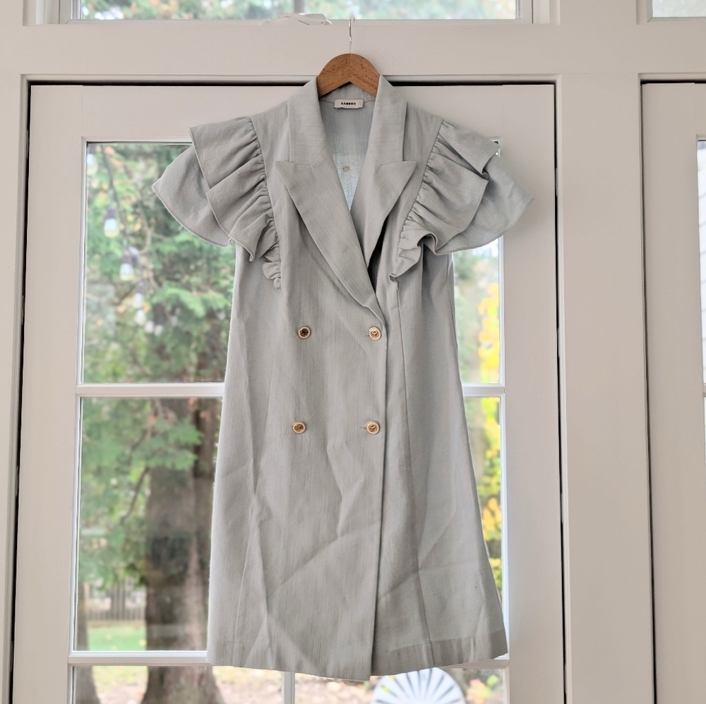 Women's Sandro Light Blue Denim Ruffle Short Sleeve Dress - size 40 (size 6)